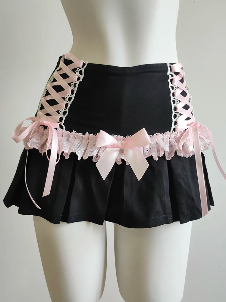 Mina high-waisted pink mini skirt with lace trim and bow accents

